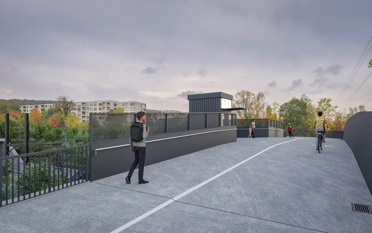 So soll die neue Velo- und Fussgängerbrücke zwischen Dübendorf und Zürich aussehen. Man sieht eine Passerelle beim Bahnhof Stettbach.